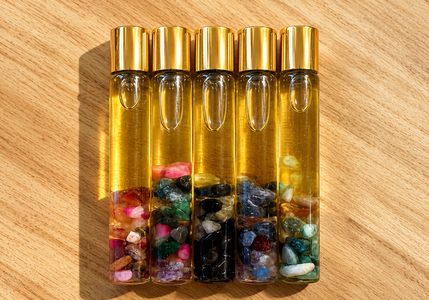 Os cinco frascos do ritual Voltar para Si, cada um com um blend de óleos essenciais e cristais naturais escolhidos à mão, sobre madeira.